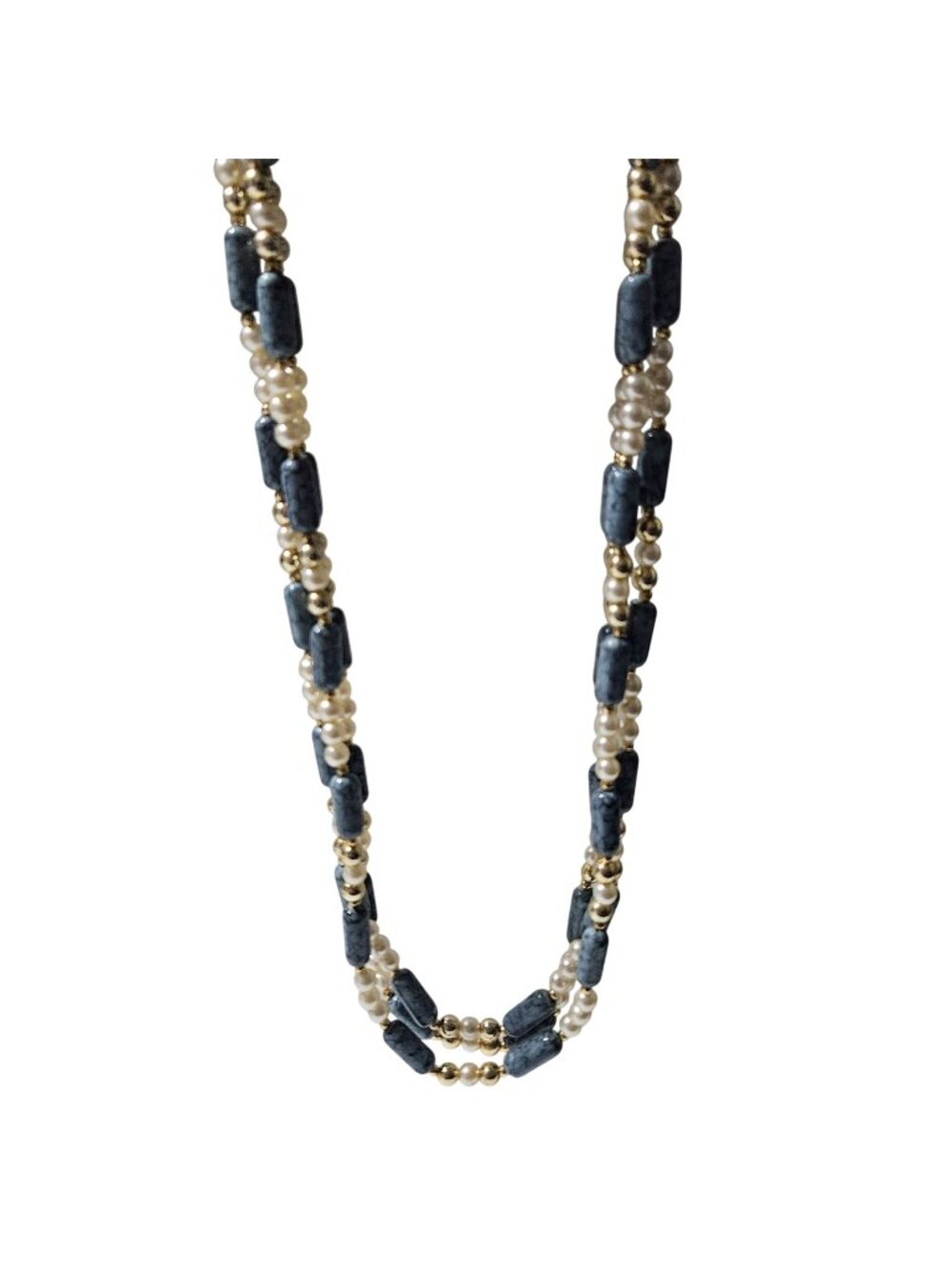 Vintage Beaded Necklace Blue Stone Faux Pearl Triple Strand Preppy Office Wear